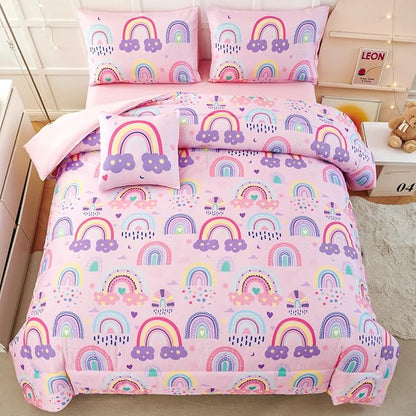 ANGIYUIN Colorful Rainbow Twin Size Comforter Set for Girls Cartoon Clouds Love Hearts Bedding Set with Sheets 6Pcs Kids Bed in A Bag, Pink, Twin