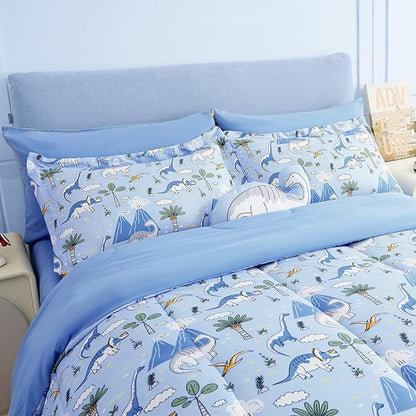 Mooreeke Kids Twin Comforter Sets for Boys 6 Pieces Dinosaur Blue Bedding Set for Teens Soft Microfiber Kids Bed in A Bag with Comforter, Sheet Set, Shams and Decorative Toy Pillow All Season