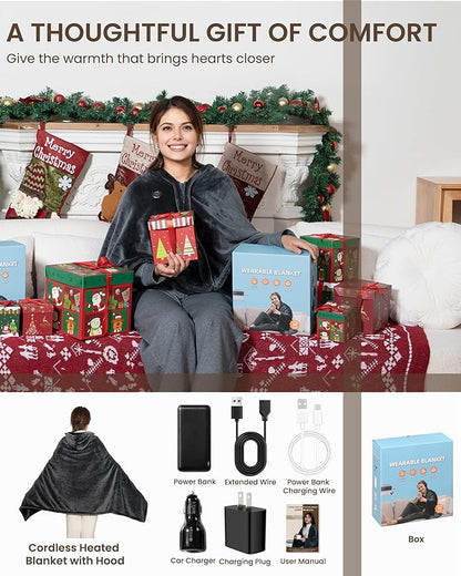 Cordless Heated Blanket with Hood, USB Battery Powered Heated Wearable Blanket with 9 Heating Zones, 20000 mAh Power Bank, 3 Levels, Portable Heated Throw Blanket, Heated Shawl