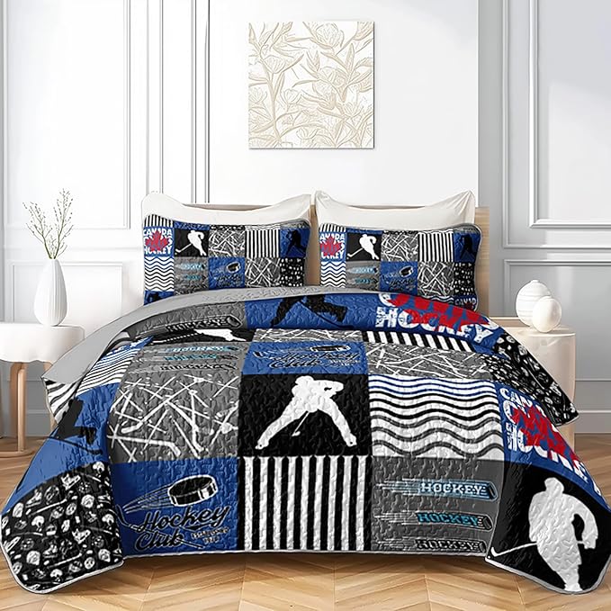 QOOMO Ice Hockey Quilt Set King Size,Sports Bedspread Coverlet Set,Ice Hockey Player 3Pcs Bedding Set Printed Quilt with 2 Pillowcases,Soft and Lightweight,for All Seasons