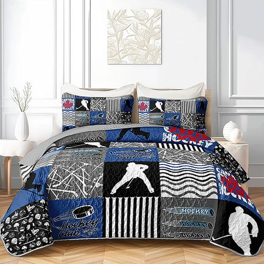 QOOMO Ice Hockey Quilt Set King Size,Sports Bedspread Coverlet Set,Ice Hockey Player 3Pcs Bedding Set Printed Quilt with 2 Pillowcases,Soft and Lightweight,for All Seasons