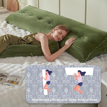 Headboard Wedge Pillow + A Long Neck Roll Pillow Body Pillow，Large Headboard Pillow with Removable Cover (Green, Queen：59x8x20 inches)