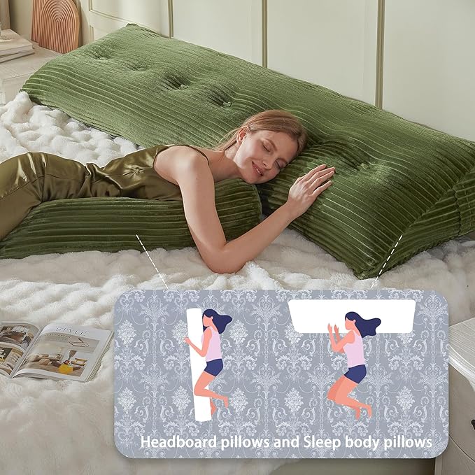 Headboard Wedge Pillow + A Long Neck Roll Pillow Body Pillow，Large Headboard Pillow with Removable Cover (Green, Twin：39x8x20 inches)