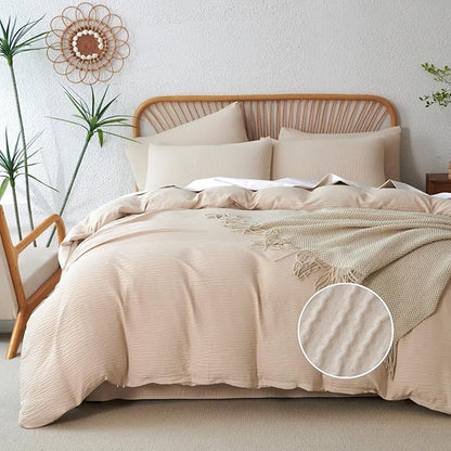 Duvet Cover Quee Beige, Luxury Brushed Microfiber Double-Layer Crinkle Gauze Beige Queen Duvet Cover, 3 Pieces Bedding for All-Season, Soft Breathable with Zipper Closure (No Comforter)