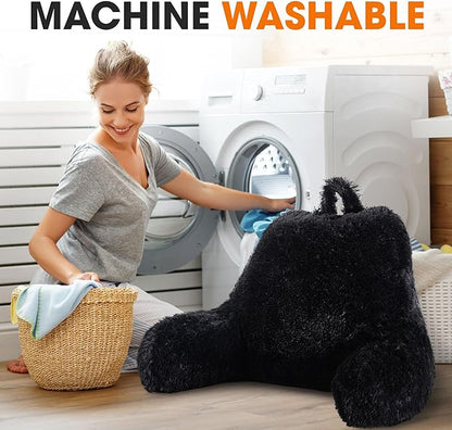 Cheer Collection Fluffy Reading Pillow Chair - Shaggy Hair Chair Pillow with Arms for Bed & Couch, Black