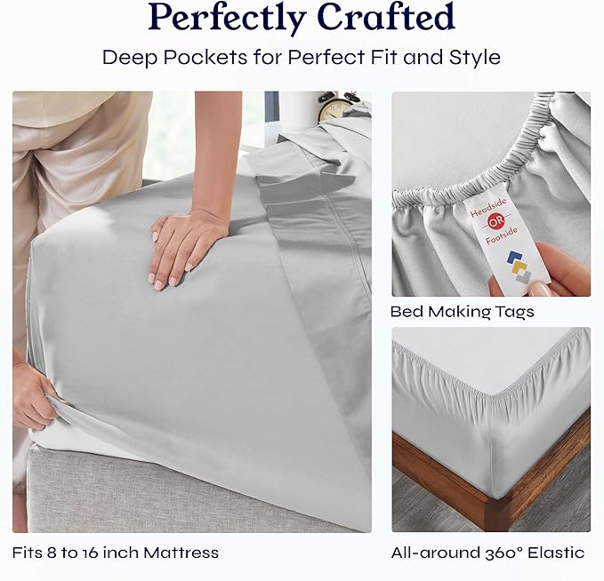 California Design Den 6-Pc Queen Size Sheet Set with 4 Pillowcases - 400 Thread Count 100% Cotton Sheets, Sateen Weave, Deep Pocket Bedsheets Set - Light Grey
