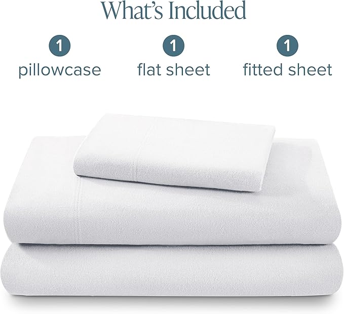 Bare Home Flannel Sheet Set 100% Cotton, Velvety Soft Heavyweight - Double Brushed Flannel - Deep Pocket (Twin, White)