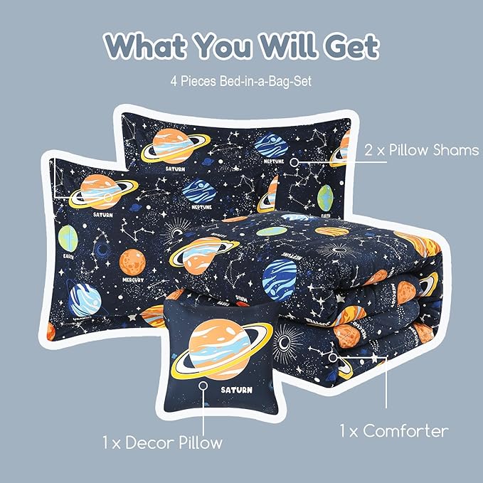 Full Size Comforter Set for Boys-4 Pieces Space Glow in The Dark Full Bedding Sets for Kids, 1 Comforter, 2 Shams and 1 Decor Pillow