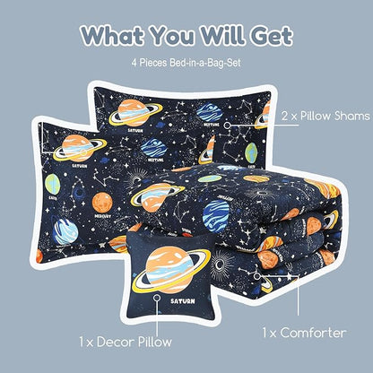 Full Size Comforter Set for Boys-4 Pieces Space Glow in The Dark Full Bedding Sets for Kids, 1 Comforter, 2 Shams and 1 Decor Pillow