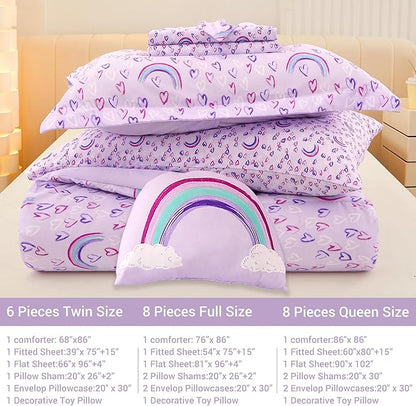Mooreeke Full Size Comforter Sets for Girls Kids, 8 Pieces Bed in a Bag Purple Love Rainbow Bedding Comforter Sheet Set with Shams and Decorative Toy Pillow, Ultral Soft Microfiber Kids Bed Set