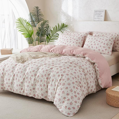 Jane yre Queen Size Duvet Cover Floral Soft Brushed Microfiber Crinkle Gauze Fabric 3 Pieces Floral Bedding Set for All-Season Garden Duvet Cover with Zipper Closure, Luxury Breathable Comfy