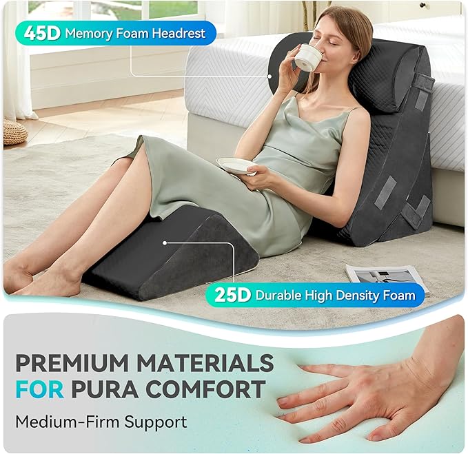 BDEUS 4PCS Bed Wedge Pillow Post Surgery, Orthopedic Sleeping Wedge Pillow Set for Back, Neck and Leg Pain Relief, Acid Reflux, GERD, Memory Foam Support Pillows for After Surgery, Grey