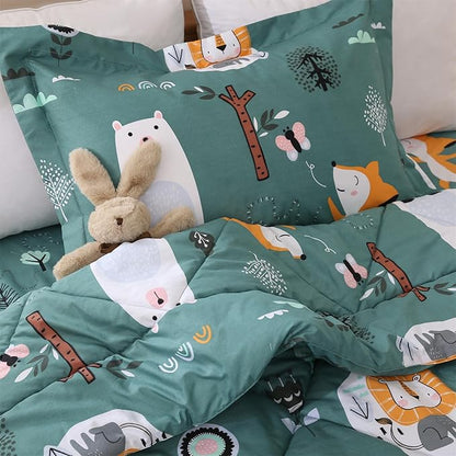 JSD Green Forest Animals Kids Comforter Set Full Size, 3 Piece Woodland Printed Microfiber Bedding Set, Machine Washable