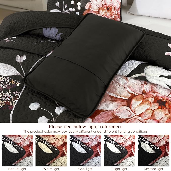 Drucon Floral Quilt Queen Size - 3 Pieces Black Quilt Botanical Bedspread Soft Lightweight Flower Bedding Set for All Season (96"x90")