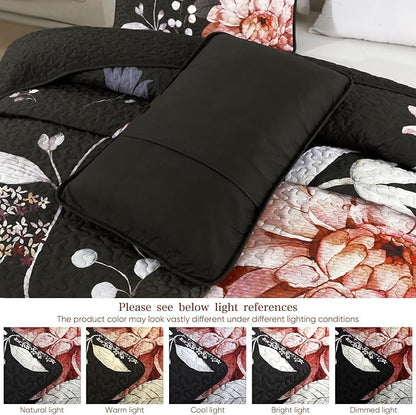 Drucon Floral Quilt King Size - 3 Pieces Black Quilt Botanical Bedspread Soft Lightweight Flower Bedding Set for All Season (104"x90")
