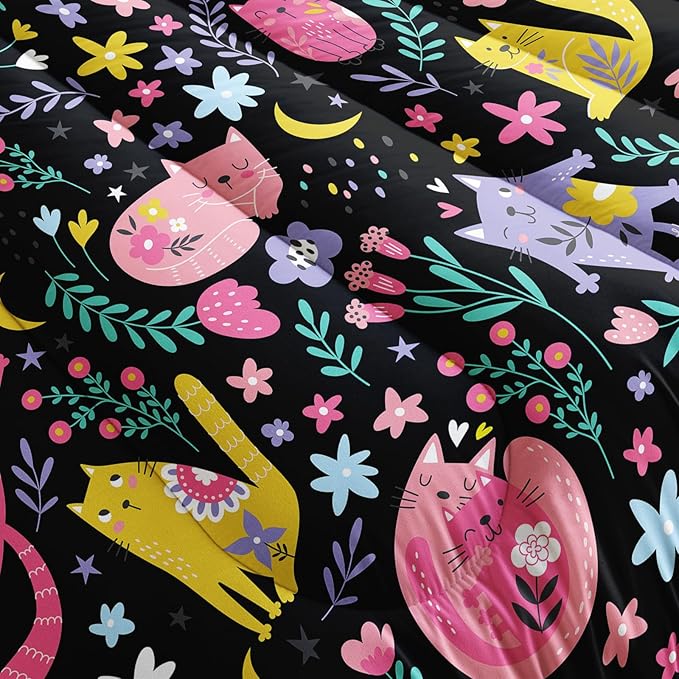 QOOMO Floral Cat Comforter King Size,Black Cats Bedding Set for Kids Teens Girls,3Pcs Bedding Set Printed Comforter with 2 Pillowcases,Down Alternative,Soft and Lightweight(Black，King Size)