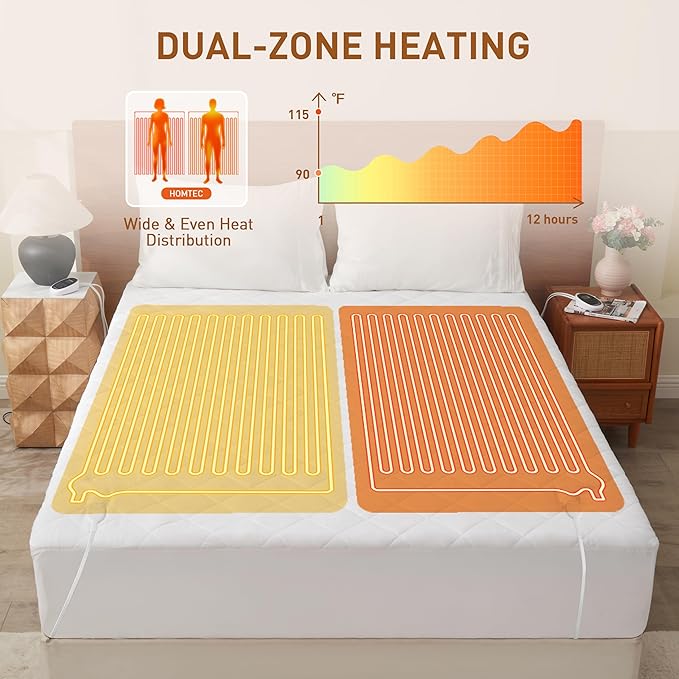 Heated Mattress Pad King Size with Dual Zone Control, 12 Heat Settings, 1-12H Timer, Preheat & Memory Function, Machine Washable Electric Bed Warmer, ETL & FCC Certified