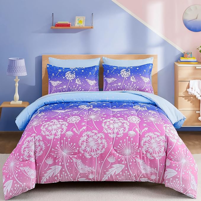 Menghomeus Girls Comforter Set Full Size 7 Pieces Bed in A Bag Ombre Blue Pink Bedding Set Dandelion Butterfly Print Kids Bedding Collections