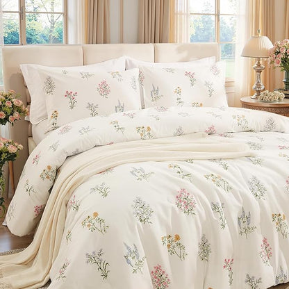 100% Washed Cotton Duvet Cover Queen Size - Linen Like Reversible Durable Soft Floral Duvet Cover Sets, 3 Pieces White Comforter Cover with Zipper Closure