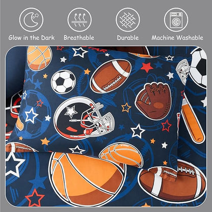 Kids Comforter Set Full Size for Boys, Glow in The Dark Ball Games Bedding Set 1 Comforter, 1 Decor Pillow, 2 Pillow Shams