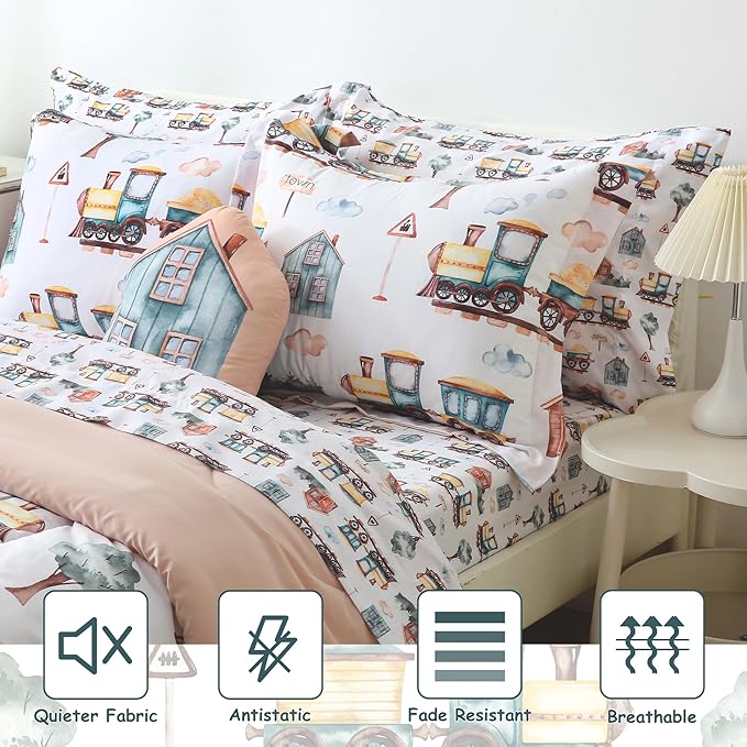 Mooreeke Kids Twin Comforter Sets for Boys 6 Pieces Train Bedding Set for Teens Microfiber Country Train Town Kids Bed in A Bag with Comforter, Sheet Set, Shams and Decorative Toy Pillow All Season