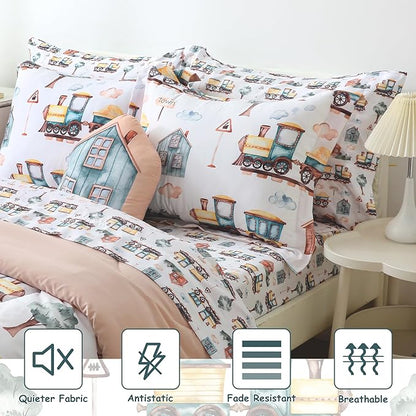 Mooreeke Kids Twin Comforter Sets for Boys 6 Pieces Train Bedding Set for Teens Microfiber Country Train Town Kids Bed in A Bag with Comforter, Sheet Set, Shams and Decorative Toy Pillow All Season