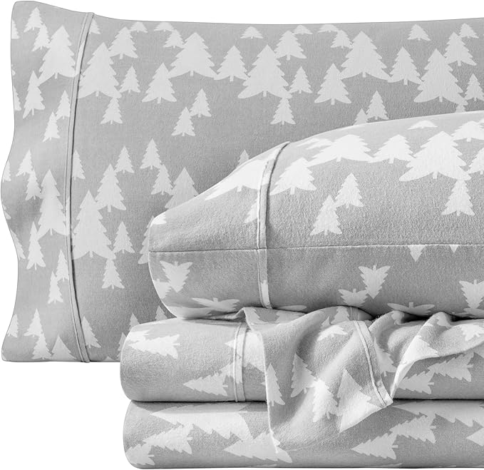 Bare Home Flannel Sheet Set Prints, 100% Cotton, Velvety Soft Heavyweight - Christmas Sheets - Double Brushed Flannel for Extra Softness & Comfort - Deep Pocket - Holiday Sheets (Twin, Winter Trees)