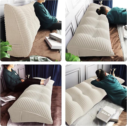 Daneey Headboard Pillow Twin, Triangular Wedge Headboard Pillow with Soft Corduroy Fabric, Wedge Bed Backrest Pillow for Sitting Up, Reading or Working, Long Bolster Pillow with Removable Cover, White