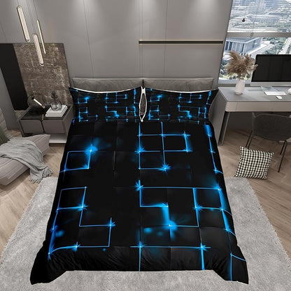 Castle Fairy Abstract Duvet Cover Set Twin Size, Modern Geometric Grid Square Comforter Cover Bedroom Decor, Blue and Black Neon Light Microfiber Polyester Bedding Set for Kids Boys, 1 Pillowcase