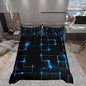 Castle Fairy Geometric Queen Duvet Cover Set, Abstract Plaid Square Grid Bedding Set for Boys Teens, Blue Neon Light Lines Modern Comforter Cover Breathable Black Bedspread Cover, 2 Pillowcases