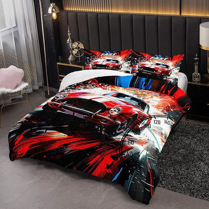 Red Racing Car Themed Comforter 3Pcs Full Cool Speed Sports Car Fast and Furious Bedding Set for Kid Teen Girl Boy Adult Extreme Sport Game Quilt Bed Decor with 1 Comforter and 2 Pillowcases