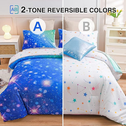 A Nice Night 6Pcs Gradient Glitter Bedding Set for Girls, Colorful Rainbow Galaxy Comforter Set, Ultra Soft Bedding Sets (Blue-Green,Twin 6Pcs)