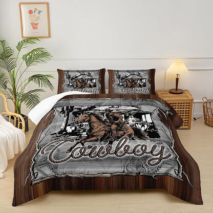 Brown Western Cowboy Comforters Full Size，Boys Full Size Bedding Set Cowboy Themed，with 1 Comforter with 2 Pillow Case，Western Bedroom Decor for Boys Men Kids