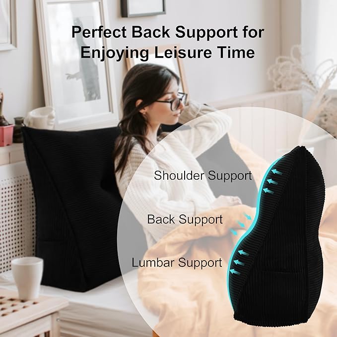 WOWMAX 100% Cotton Corduroy Headboard Pillow – Full Size Back Support Reading Wedge for Bed & Daybed, Plush Handmade Bolster Cushion with Removable Cover, Cozy Bed Rest Pillow, Black