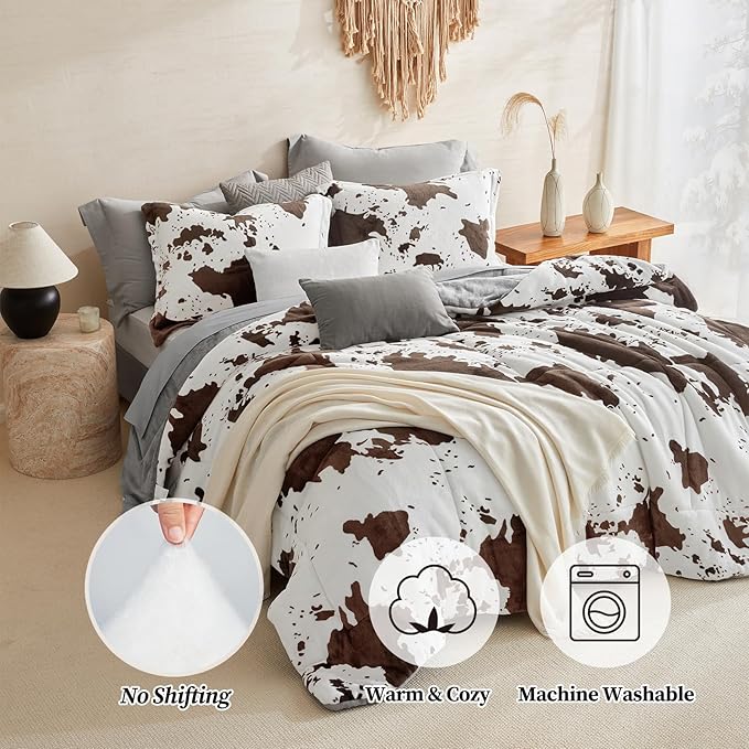 Petrichor Velvet Flannel Twin Comforter Set-Cow Print Western Style Blanket,Luxury Fuzzy Heavy Bedding Set, 2 Pieces Plush Winter Bed Set with Comforter (68"x88") & 1 Pillow Shams (20"x26")