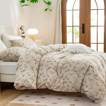 King Size Floral Duvet Cover, 100% Brushed Microfiber 3-Piece Bedding Set, Vintage Floral Garden Style with Zipper Closure