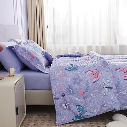 Mooreeke Kids Twin Comforter Sets for Girls 6 Pieces Butterfly Purple Bedding Set for Teens Soft Microfiber Kids Bed in A Bag with Comforter, Sheet Set, Shams and Decorative Toy Pillow All Season