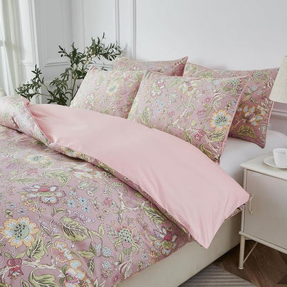 URBONUR King Duvet Cover Set Soft 100% Cotton Floral Bedding Sets Blush Pink Wildflower Comforter Cover, Button Closure and Corner Ties (3Pcs, Vintage Floral, King)