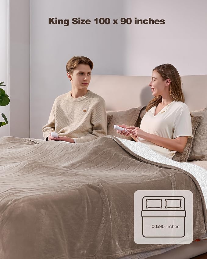 Electric Blanket King- Soft Heating Blanket, Dual Control & 9 Heat Levels, 10H Timer, Soft Flannel to Sherpa, Fast Heating Electric Throw, Machine Washable, Gift for Mom, Dad, 90"x100" Camel