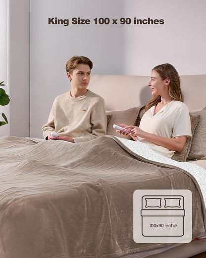 Electric Blanket King- Soft Heating Blanket, Dual Control & 9 Heat Levels, 10H Timer, Soft Flannel to Sherpa, Fast Heating Electric Throw, Machine Washable, Gift for Mom, Dad, 90"x100" Camel