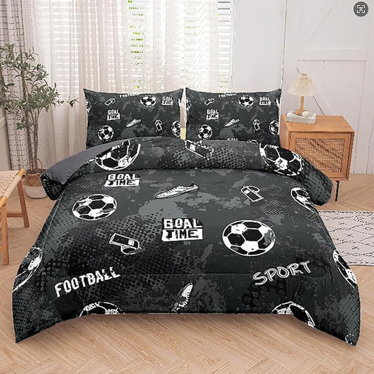 Peopleareok Soccer Bedding Set Twin (68x86 Inch), Black Soccer Theme Comforter, 2 Pieces Soft Microfiber Football Bedding Set for Boys Kids with 1 Pillowcases