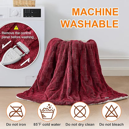 Electric Heated Blanket Twin Size - Jacquard Checkered Sherpa 62"x84" Fast Heating Bed Blankets with 6 Heating Levels & 10 Hours Auto Off, Over-Heat Protection ETL, Red