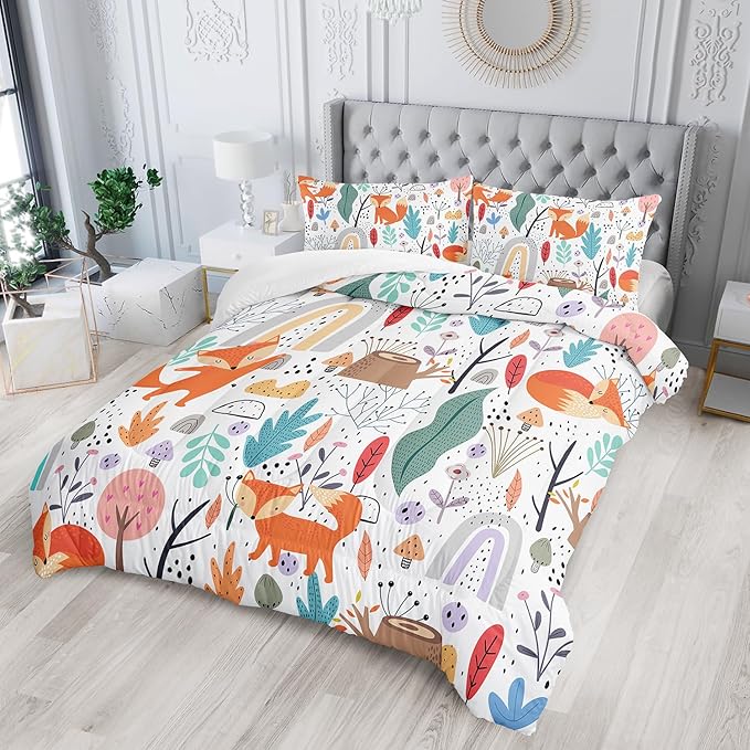Fox Bedding Comforter Set Queen Size for Kids Teens Cute Cartoon Forest Fox Printed Quilt Set for Bedroom Soft Microfiber All Season Print Quilt Set with 1 Comforter and 2 Pillowcases