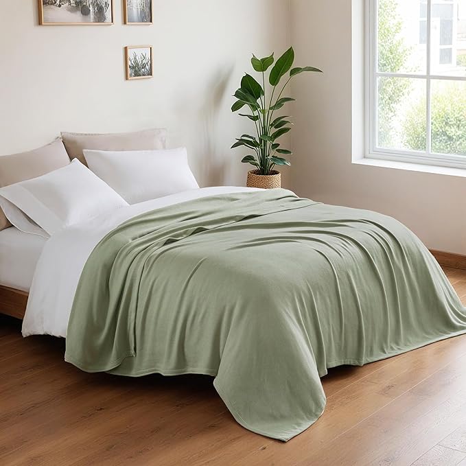Twin Size Blanket, 70% Rayon (Derived from Bamboo) and 30% Cotton, Lightweight Jacquard Weave, Breathable and Soft Summer Blanket for Bed or Couch, 66” x 90”, Sage Green