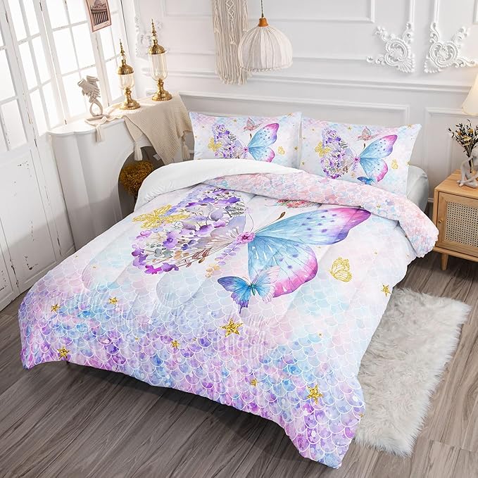 Cartoon Butterfly Comforter Set Watercolor Butterfly Printed Bedding Set with 1 Comforter and 2 Pillowcases for Boys and Girls Bedroom All Season(Butterfly Full)