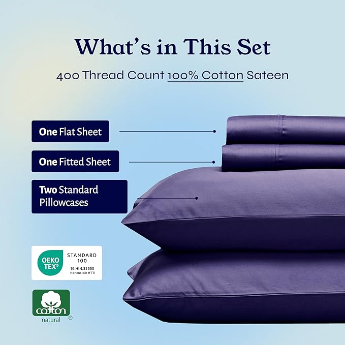 California Design Den Full Size Bed Sheets Set - Soft 400 Thread Count Sateen, Natural 100% Cotton Sheets with Deep Pockets, Breathable, and Durable Bedding Set - Purple