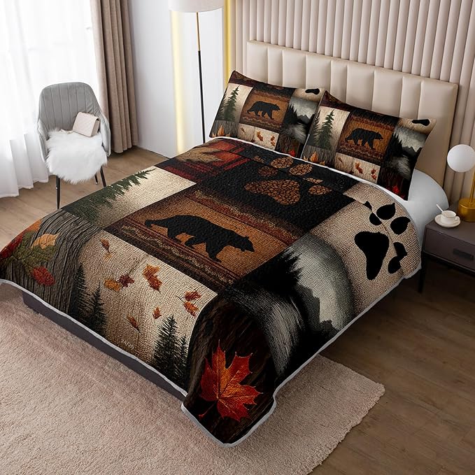 QOOMO Woodland Quilt Set Full/Queen Size,Bear Leaves Bedspread Coverlet Set,Bear Leaves 3Pcs Bedding Set Printed Quilt with 2 Pillowcases,Soft and Lightweight,for All Seasons