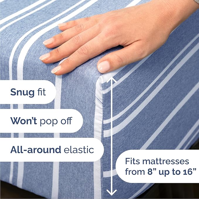 Queen 6 Piece Sheet Set - Comfy Breathable & Cooling - Soft Hotel Luxury Bedding Set with 8-16 Inch Deep Pockets - 1 Flat & 1 Fitted Sheet & 4 Pillowcases - Wrinkle Free & Easy Care - Blue Stripes 3