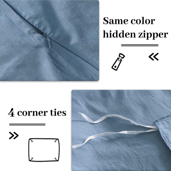 NEXHOME PRO Duvet Cover Set King Size 100% Washed Cotton Linen Look Textured Organic Natural 3 Pieces Bedding Set with Zipper Closure and Corner Ties, Breathable, Soft (Blue, No Comforter)