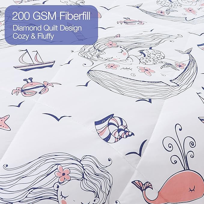 JSD Mermaid Twin Comforter Set for Girls, 2 Piece Ocean Theme Microfiber Comforter with Pillow Sham, Lightweight All Season Washable